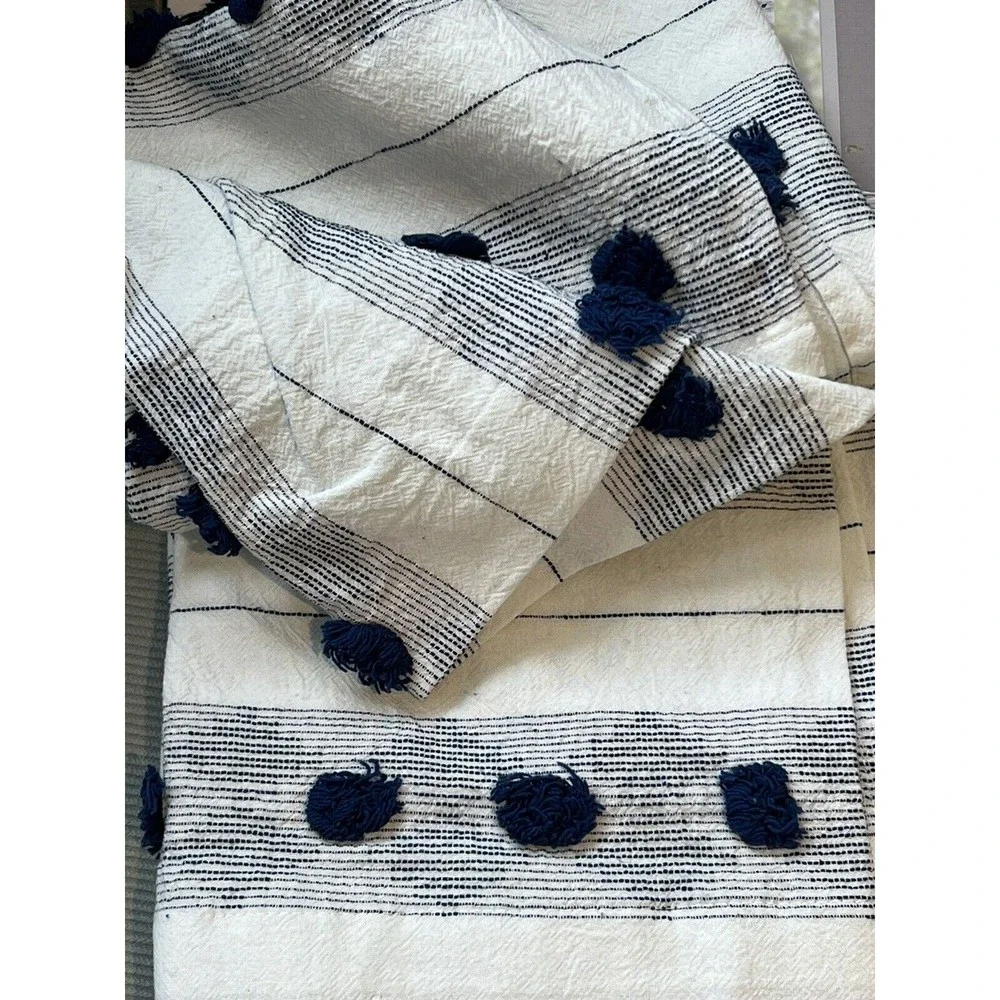 The Pure Collection Fabric Shower Curtain Textured Blue Tufts Stripes Cotton New